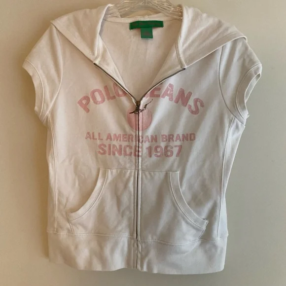 Polo Jeans Company White Lightweight Branded Short-Sleeved Zip-Up w/Hood Size M - Picture 2 of 6